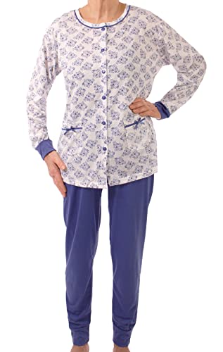 Seniorenmode24 Damen Senioren Oma Schlafanzug durchgeknöpft Größe 34 bis 52 mit Blumen mit Knöpfen kuschelig weich aus Baumwolle Hose mit Gummizug i (36-38, Jeansblau) von Seniorenmode24