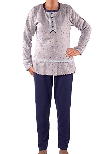 Seniorenmode24 Damen Senioren Oma Schlafanzug mit Blumen kuschelig weich aus Baumwolle Hose mit Gummizug ideal für pflegebedürftige Omas einfach anzuziehen und super pflegeleicht (grau/blau, 34/36) von Seniorenmode24