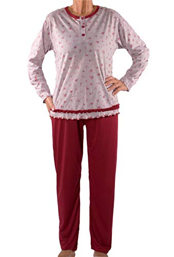 Seniorenmode24 Damen Senioren Oma Schlafanzug mit Blumen kuschelig weich aus Baumwolle Hose mit Gummizug ideal für pflegebedürftige Omas einfach anzuziehen und super pflegeleicht (grau/rot, 40/42) von Seniorenmode24