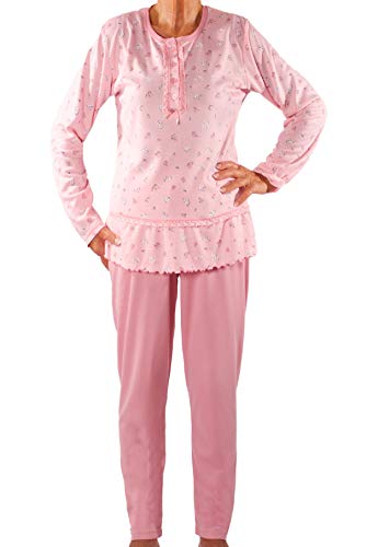 Seniorenmode24 Damen Senioren Oma Schlafanzug mit Blumen kuschelig weich aus Baumwolle Hose mit Gummizug ideal für pflegebedürftige Omas einfach anzuziehen und super pflegeleicht (rosa, 36/38) von Seniorenmode24