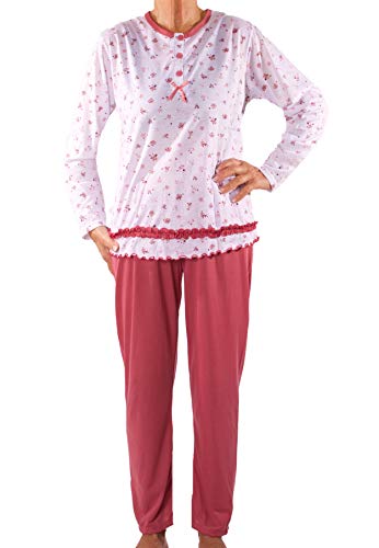 Seniorenmode24 Damen Senioren Oma Schlafanzug mit Blumen kuschelig weich aus Baumwolle Hose mit Gummizug ideal für pflegebedürftige Omas einfach anzuziehen und super pflegeleicht (weiß/rosa, 48/50) von Seniorenmode24