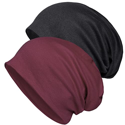 Senker Fashion 2 Stück Baumwolle Slouchy Beanie Hüte, Chemo-Kopfbedeckungen Caps für Damen und Herren, F-schwarz/weinrot, Large von Senker Fashion