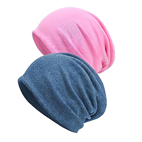 Senker Fashion 2 Stück Baumwolle Slouchy Beanie Hüte, Chemo-Kopfbedeckungen Caps für Damen und Herren, I-Denim Blau/Rosa, Large von Senker Fashion