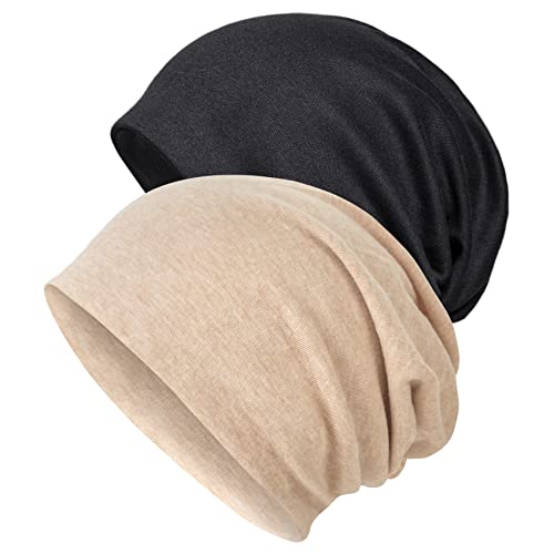 Senker Fashion 2 Stück Baumwolle Slouchy Beanie-Mützen, Chemo-Kopfbedeckungskappen für Damen und Herren, Schwarz/Khaki, Large von Senker Fashion