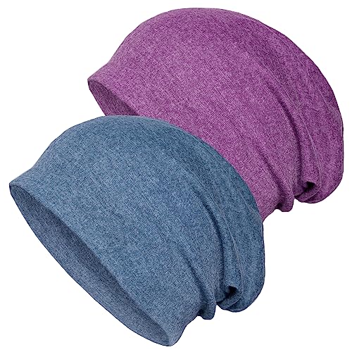 Senker Fashion Slouchy Beanie-Mütze, Baumwolle, Chemo-Kopfbedeckung, für Damen und Herren, 2 Stück, B-Denim-Blau/Violett, Large von Senker Fashion