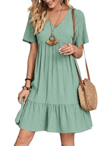 Damen Sommerkleid Kurze ärmel V-Ausschnitt T-Shirt Rüschenkleid Strandkleid Leichte Kurze Freizeitkleid Blumenkleider Blassgrün S von Senlycat