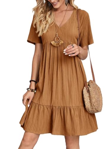 Damen Sommerkleid Kurze ärmel V-Ausschnitt T-Shirt Rüschenkleid Strandkleid Leichte Kurze Freizeitkleid Blumenkleider Braun S von Senlycat
