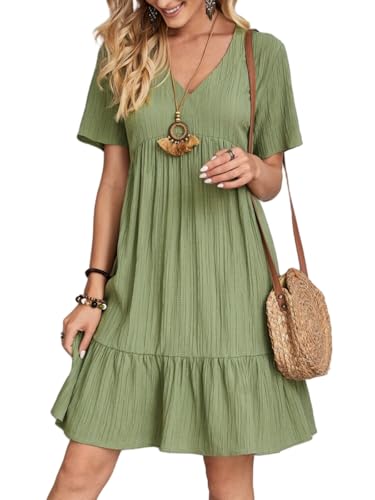 Damen Sommerkleid Kurze ärmel V-Ausschnitt T-Shirt Rüschenkleid Strandkleid Leichte Kurze Freizeitkleid Blumenkleider Grün XXL von Senlycat