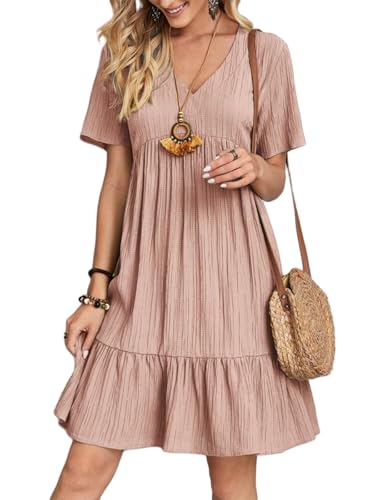 Damen Sommerkleid Kurze ärmel V-Ausschnitt T-Shirt Rüschenkleid Strandkleid Leichte Kurze Freizeitkleid Blumenkleider Rosette L von Senlycat