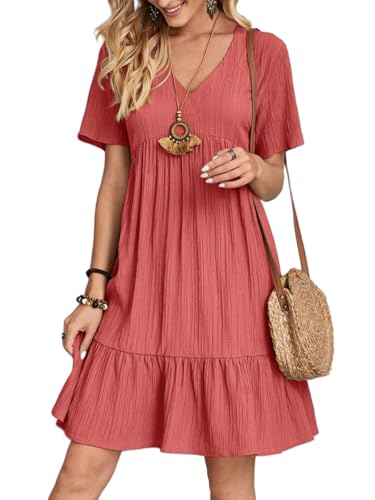 Damen Sommerkleid Kurze ärmel V-Ausschnitt T-Shirt Rüschenkleid Strandkleid Leichte Kurze Freizeitkleid Blumenkleider Rot M von Senlycat