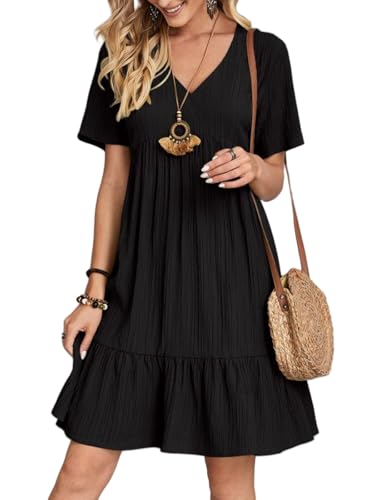 Damen Sommerkleid Kurze ärmel V-Ausschnitt T-Shirt Rüschenkleid Strandkleid Leichte Kurze Freizeitkleid Blumenkleider Schwarz S Damen Sommerkleid Kurze ärmel V-Ausschnitt T-Shirt Rüschenkleid Strandkleid Leichte Kurze Freizeitkleid Blumenkleider Schwarz S von Senlycat