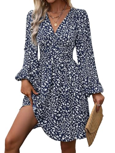 Kleid Damen Langarm Winterkleid V-Ausschnitt Casual A-Linie Kleider Strand Mini Freizeitkleid BlauBlumen M von Senlycat
