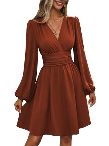 Kleid Damen Langarm Winterkleid V-Ausschnitt Casual A-Linie Kleider Strand Mini Freizeitkleid Braun L von Senlycat