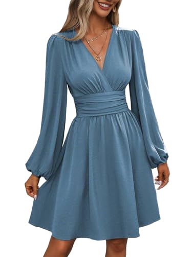 Kleid Damen Langarm Winterkleid V-Ausschnitt Casual A-Linie Kleider Strand Mini Freizeitkleid GrauBlau S von Senlycat