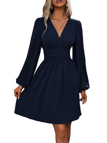 Kleid Damen Langarm Winterkleid V-Ausschnitt Casual A-Linie Kleider Strand Mini Freizeitkleid Marine S von Senlycat