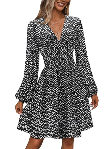 Kleid Damen Langarm Winterkleid V-Ausschnitt Casual A-Linie Kleider Strand Mini Freizeitkleid Punkte L von Senlycat
