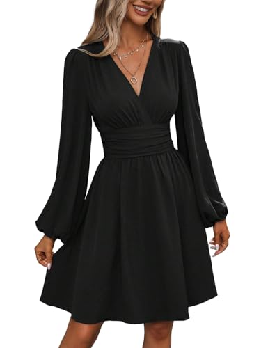 Kleid Damen Langarm Winterkleid V-Ausschnitt Casual A-Linie Kleider Strand Mini Freizeitkleid Schwarz L von Senlycat