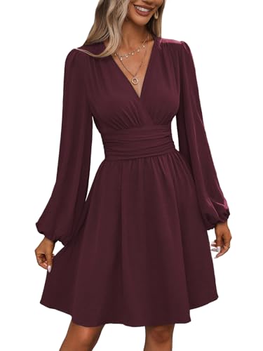 Kleid Damen Langarm Winterkleid V-Ausschnitt Casual A-Linie Kleider Strand Mini Freizeitkleid Violett Rot M von Senlycat