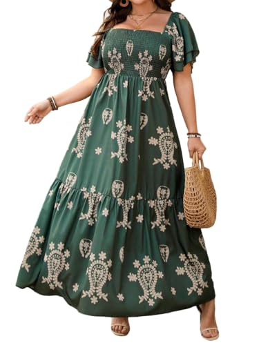 Senlycat Damen Kleid Kurzarm Quadratischer Ausschnitt Sommerkleid langes Blumenkleid Freizeitkleider Sommer Strand Maxi Dress Grün L von Senlycat