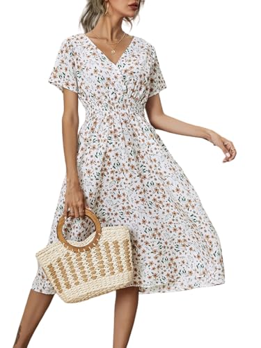 Senlycat Damen Kleid Sommer Elegant Strandkleid Blumenkleid Kurze ärmel V-Ausschnitt Hohe Taille Casual Langes Kleid 01Weiß M von Senlycat