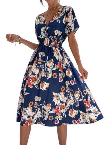 Senlycat Damen Kleid Sommer Elegant Strandkleid Blumenkleid Kurze ärmel V-Ausschnitt Hohe Taille Casual Langes Kleid 06Blau Navy XL von Senlycat