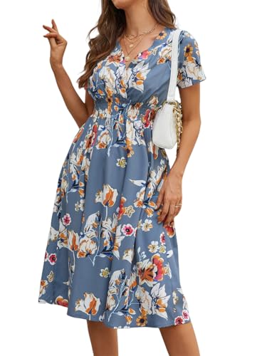 Senlycat Damen Kleid Sommer Elegant Strandkleid Blumenkleid Kurze ärmel V-Ausschnitt Hohe Taille Casual Langes Kleid 06Blau XL von Senlycat