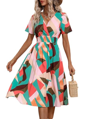 Senlycat Damen Kleid Sommer Elegant Strandkleid Blumenkleid Kurze ärmel V-Ausschnitt Hohe Taille Casual Langes Kleid 09Grün XL von Senlycat