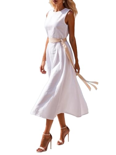 Senlycat Damen Lange Sommerkleid Ärmelloses Maxikleid Strandkleid Holidy Kleid Hohe Taille Elegant Casualkleid Weiß M von Senlycat