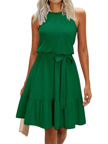 Senlycat Sommer Kleider Damen Neckholder Lässig Elegant Strandkleid Casual Beach Minikleid Freizeitkleider mit Taschen Grün XL von Senlycat