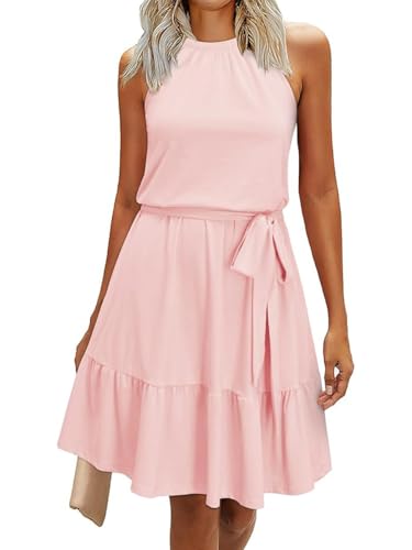 Senlycat Sommer Kleider Damen Neckholder Lässig Elegant Strandkleid Casual Beach Minikleid Freizeitkleider mit Taschen Rosa XXL von Senlycat