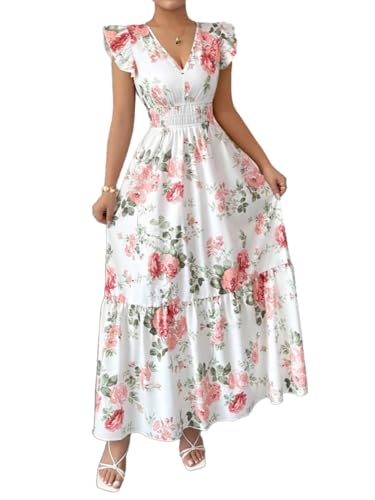 Senlycat Sommerkleid Damen V-Ausschnitt MaxikleiderBlütenblättern Kurzarm Lang Freizeit Strandkleider Weiß L von Senlycat