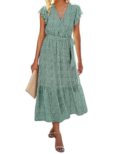 Sommerkleid Damen Elegant V-Ausschnitt Kurzarm Lang Strandkleid Boho Blumenkleid mit Gürtel Wickelkleid A Linie Fließend Maxikleid 01Grün XL von Senlycat