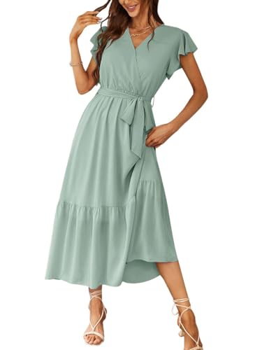 Sommerkleid Damen Elegant V-Ausschnitt Kurzarm Lang Strandkleid Boho Blumenkleid mit Gürtel Wickelkleid A Linie Fließend Maxikleid 03Grün L von Senlycat