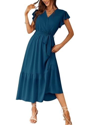 Sommerkleid Damen Elegant V-Ausschnitt Kurzarm Lang Strandkleid Boho Blumenkleid mit Gürtel Wickelkleid A Linie Fließend Maxikleid 03See Blau XL von Senlycat