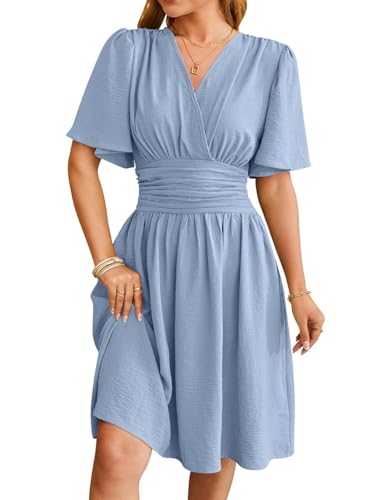 Sommerkleid Damen V-Ausschnitt Kurzarm Losekleid Casual A-Linie Kleider Strand Hochzeit Freizeitkleid Holidy Kleid Blau S von Senlycat