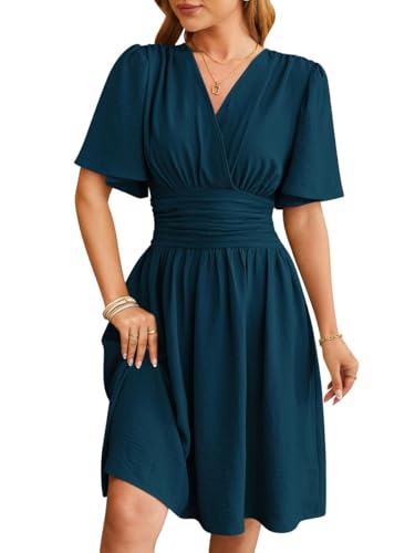 Sommerkleid Damen V-Ausschnitt Kurzarm Losekleid Casual A-Linie Kleider Strand Hochzeit Freizeitkleid Holidy Kleid Dunkelblau XL von Senlycat