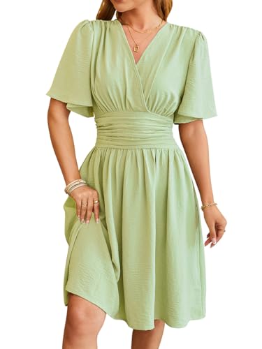 Sommerkleid Damen V-Ausschnitt Kurzarm Losekleid Casual A-Linie Kleider Strand Hochzeit Freizeitkleid Holidy Kleid Grün XXL von Senlycat