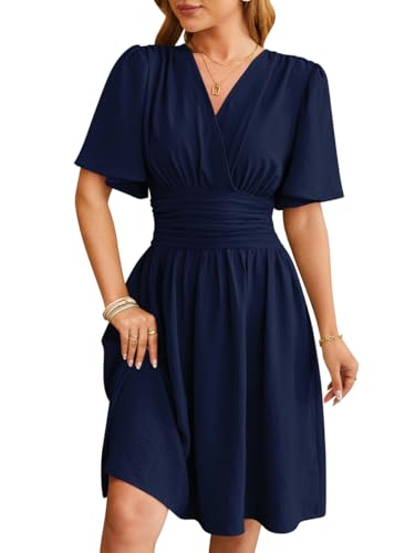 Sommerkleid Damen V-Ausschnitt Kurzarm Losekleid Casual A-Linie Kleider Strand Hochzeit Freizeitkleid Holidy Kleid Marineblau XL von Senlycat