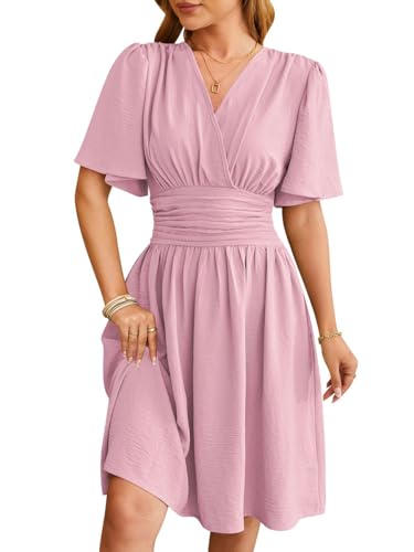 Sommerkleid Damen V-Ausschnitt Kurzarm Losekleid Casual A-Linie Kleider Strand Hochzeit Freizeitkleid Holidy Kleid Rosa XXL von Senlycat