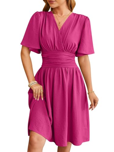Sommerkleid Damen V-Ausschnitt Kurzarm Losekleid Casual A-Linie Kleider Strand Hochzeit Freizeitkleid Holidy Kleid Rose Rot XXL von Senlycat
