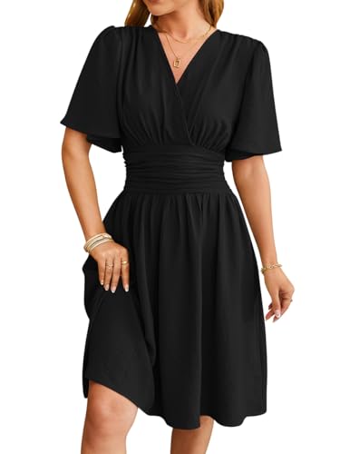 Sommerkleid Damen V-Ausschnitt Kurzarm Losekleid Casual A-Linie Kleider Strand Hochzeit Freizeitkleid Holidy Kleid Schwarz XXL von Senlycat
