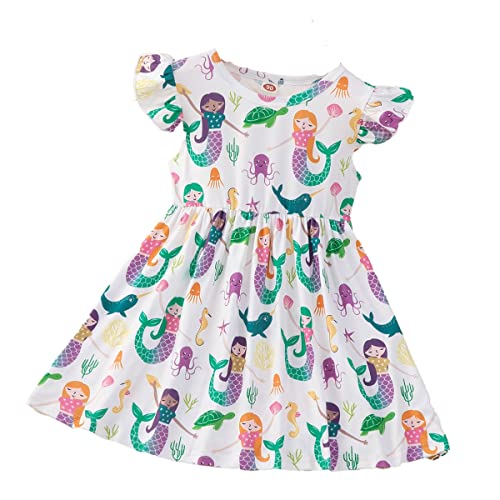 2-6Jahre Kleinkind kleine Mädchen Geraffte Kurze Ärmel kleine Meerjungfrau Sonnenblume Floral Baumwolle Sommerkleid Casual Daily Holiday Sundress(Mermaid, 1-2Yrs) von Senoke