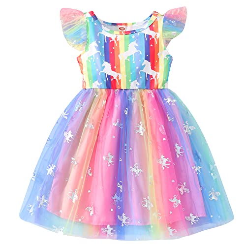 Senoke Mädchen Prinzessin Kleider, Kurze Ärmel Ranibow gestreift Fancy Einhorn gedruckt Tüll Kleid für Geburtstag Party Feiern besondere Anlässe im Alter von 2-6 Jahren(Unicorn#01,18-24M) von Senoke