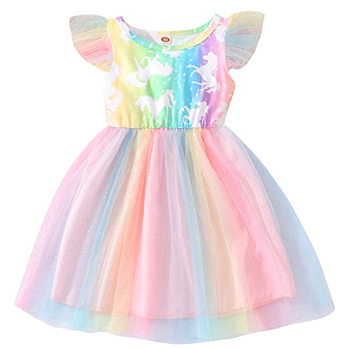 Senoke Mädchen Prinzessin Kleider, Kurze Ärmel Ranibow gestreift Fancy Einhorn gedruckt Tüll Kleid für Geburtstag Party Feiern besondere Anlässe im Alter von 2-6 Jahren(Unicorn#02,18-24M) von Senoke