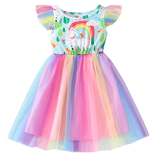 Senoke Mädchen Prinzessin Kleider, Kurze Ärmel Ranibow gestreift Fancy Einhorn gedruckt Tüll Kleid für Geburtstag Party Feiern besondere Anlässe im Alter von 2-6 Jahren(Unicorn#03,2-3Yrs) von Senoke