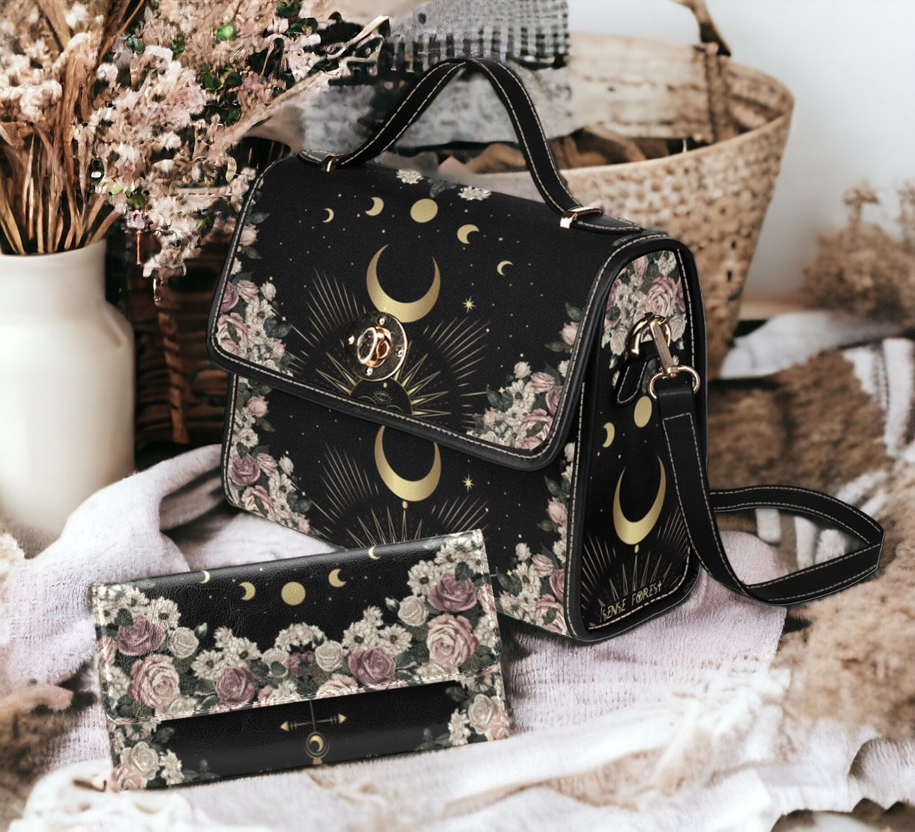 Cottagecore Hexe Canvas Umhängetasche, Süsser Rose Moon Crossed Body Geldbörse, Niedliche Vegan Lederband Handtasche Goth Tasche, Hippies Boho von SenseForest