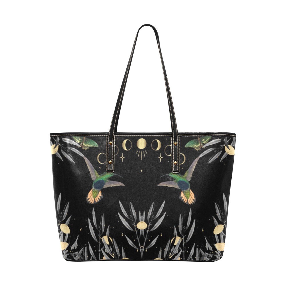 Cottagecore Olive Tree Kolibri Tragetasche, Beuteltasche, Leder Schultertasche, Wunderliche Mond Vogel Süße Goth Frauen Große Einkaufstasche von SenseForest