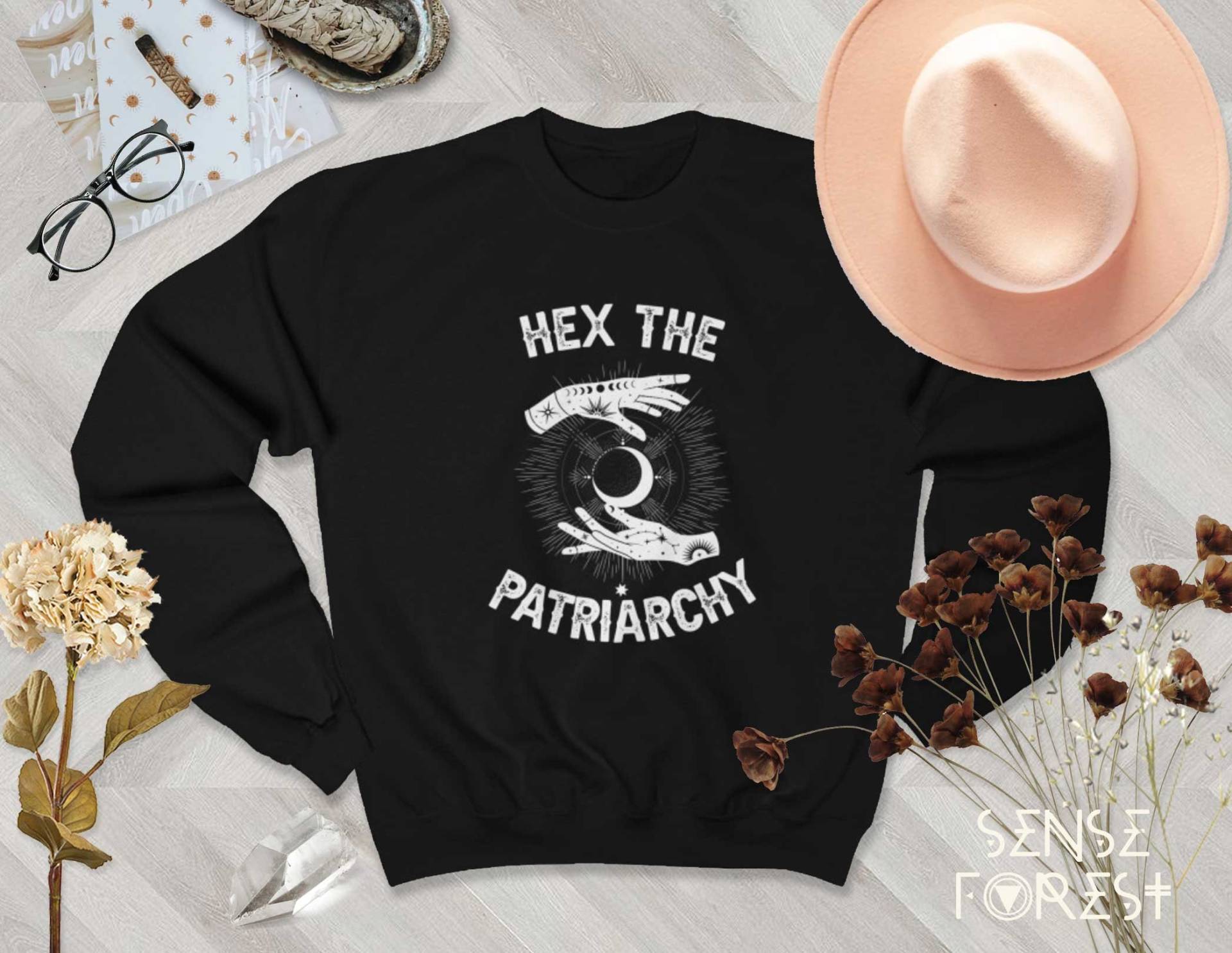 Hex The Patriarchy Witchcraft Unisex-Sweatshirt Mit Rundhalsausschnitt, Süßes Boho Cottagecore-Shirt, Wicca Okkulter Hexenpullover von SenseForest