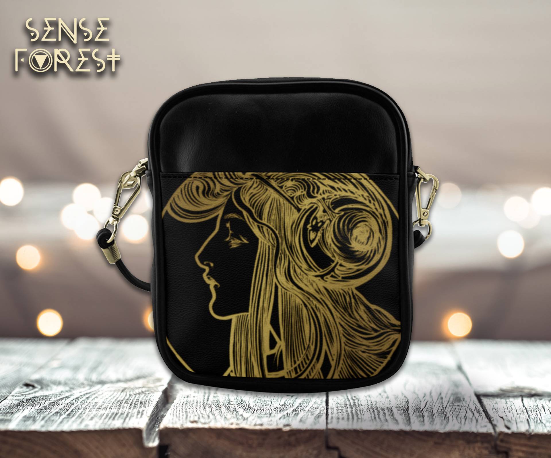 Jugendstil Mini Schwarze Vegan Leder Sling Tasche, Alphonse Mucha Kleine Crossbody Süße Pu Goth Handytasche, Hippies Boho Geschenk von SenseForest