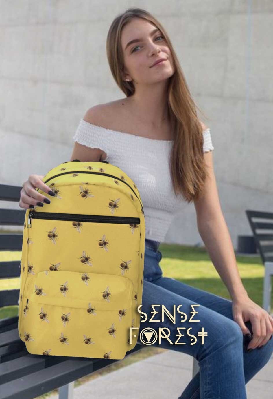 Kawaii Bumble Bees Gelber Rucksack, Queen Bee Wasserdichter Niedlicher Nylon-Laptopträger Für Die Schule, Großer Reiserucksack von SenseForest